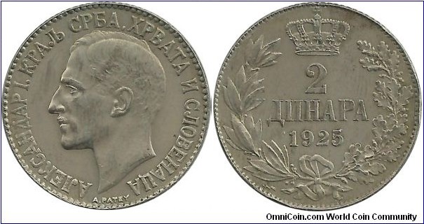 Kingdom of Serbs, Croats and Slovenes 2 Dinara 1925 (thunderbold) - Ruler: King Aleksandar I (1921–1934)