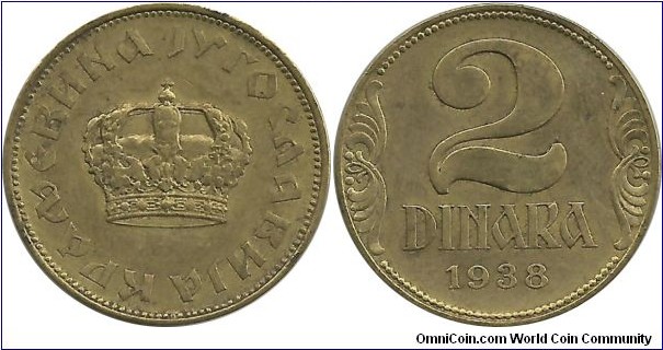 Yugoslavia 2 Dinara 1938-small crown (Rare coin)