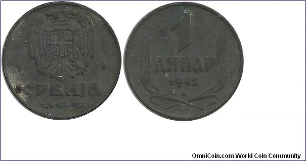 Serbia 1 Dinar 1942(Zn) - Nazi satellite state