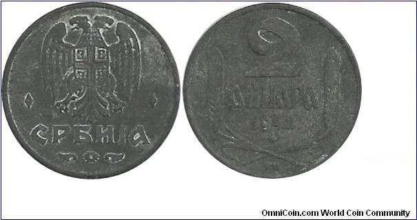 Serbia 2 Dinara 1942(Zn) - Nazi satellite state	