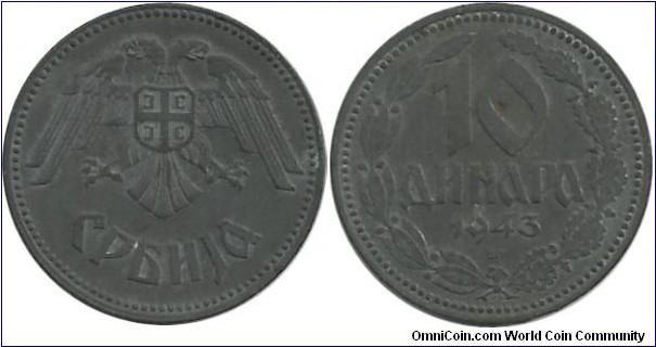 
Serbia 10 Dinara 1943(Zn) - Nazi satellite state