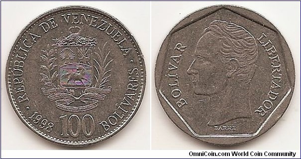 100 Bolivares
Y#78.1
6.8000 g., Nickel Clad Steel, 25 mm. Obv: National arms Rev: Head of Bolívar left in 7-sided outline Rev. Designer: Albert Barre Note: Struck at Ceska Mincova and Budapest mints