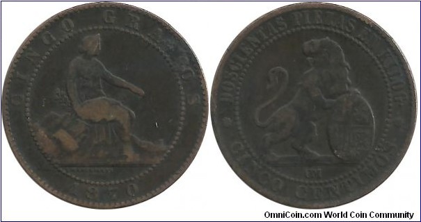 Spain 5 Centimos 1870-OM