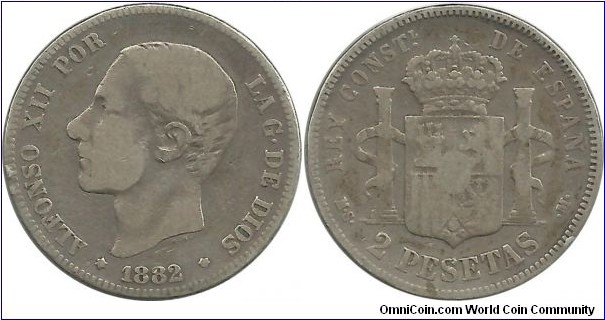 Spain 2 Pesetas 1882
