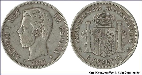Spain 5 Pesetas 1871(75)