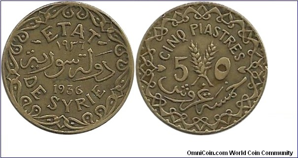 Syria 5 Piastres 1936