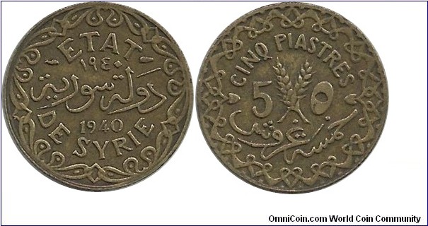 Syria 5 Piastres 1940