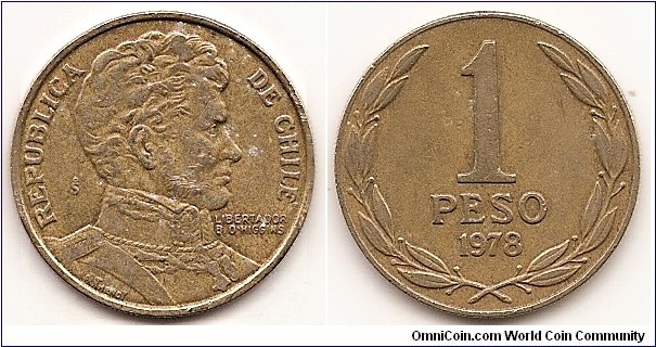 1 Peso
KM#208a
5.0000 g., Aluminum-Bronze, 24 mm. Obv: Armored bust of Bernardo O'Higgins right Rev: Denomination above date within wreath Edge: Reeded