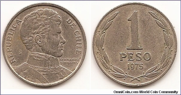1 Peso
KM#207
5.0000 g., Copper-Nickel, 24 mm. Obv: Armored bust of Bernardo O'Higgins right Obv. Legend: BERNARDO O'HIGGINS Rev: Denomination above date within wreath Edge: Reeded
