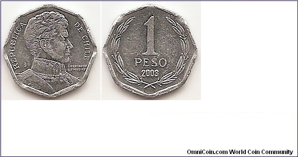 1 Peso
KM#231
0.7000 g., Aluminum, 16.3 mm. Obv: Gen. Bernardo O'Higgins bust right Obv. Legend: REPUBLICA - DE CHILE Rev: Denomination above date within wreath Edge: Plain Shape: 8-sided