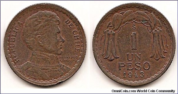 1 Peso
KM#179
7.5000 g., Copper, 25.2 mm. Obv: Armored bust of General Bernardo O'Higgins right Rev: Denomination above date Edge: Reeded