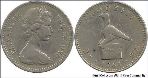 Rhodesia 2 Shillings- 20 Cents 1964