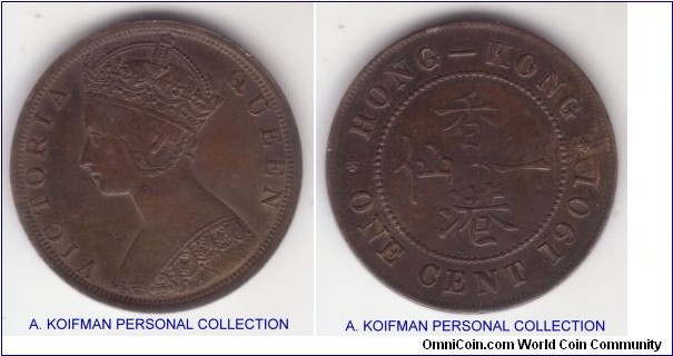 KM-4.3, Hong Kong 1901 cent; bronze, plain edge; dark colored, extra fine.
