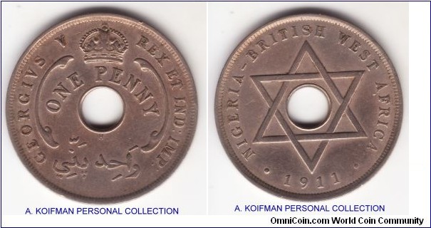 KM-6, 1911 British West Africa penny, Heaton (H mintmark); copper-nickel, plain edge; scarcer year, very fine or so.