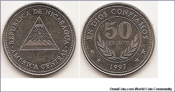50 Centavos
KM#88
4.8000 g., Nickel Clad Steel, 22 mm. Obv: National emblem Rev: Value above sprigs within circle, date flanked by stars