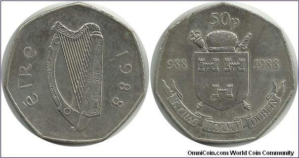Ireland 50 Pence 1988-Dublin city Millennium