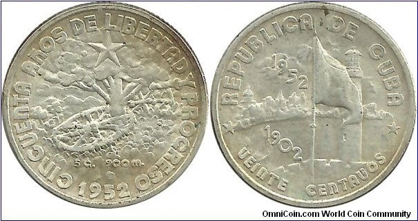 Cuba 20 Centavos 1952 - Commemorating the 50th Anniversary of the Republic of Cuba