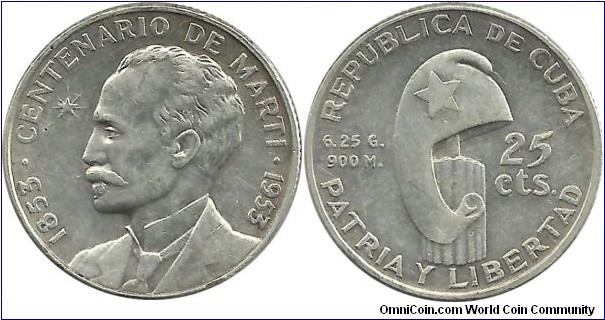 Cuba 25 Centavos 1953 - Centennial, Birth of Jose Marti