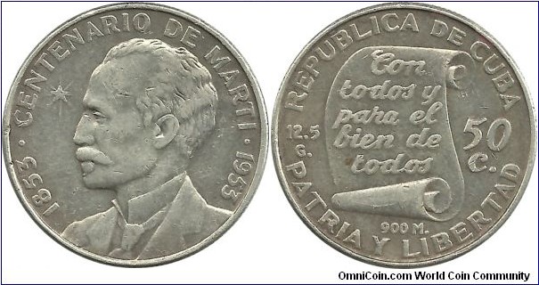 Cuba 50 Centavos 1953 - Centennial, Birth of Jose Marti