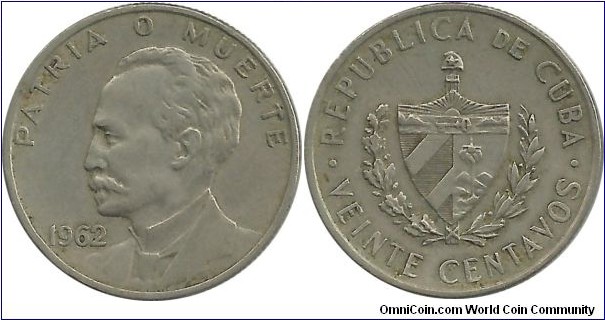 Cuba 20 Centavos 1962 - Jose Marti, national hero