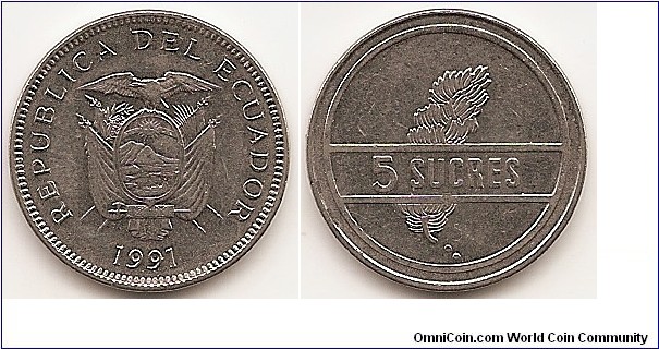 5 Sucres
KM#91
5.2900 g., Nickel Clad Steel, 22 mm. Obv: Flag draped arms, date below Rev: Denomination within lines, design in background