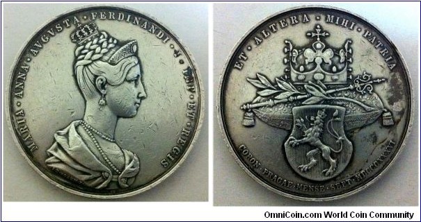 1836 Austria - Holy Roman Empire Ferdinand I, The Bohemian coronation of his wife Maria Anna Corolina Medal by J. D. Boehm. SilvObv: Crowned bust of Queen's Bohemian right. Rev:  A beaded tiara & cloak, pad with royal insignia, in front of shield with Bohemain lion. 
er 45MM.
