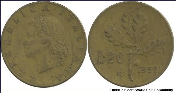 Italy 20 Lire 1957 - reeded edge