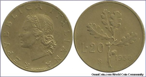 Italy 20 Lire 1958 - reeded edge