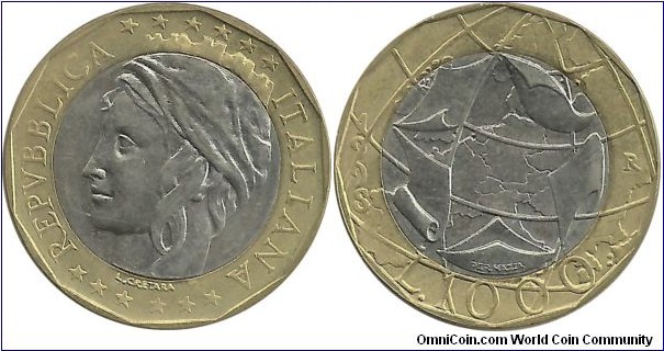 Italy 1000 Lire 1998 - United Germany is shown on the map.