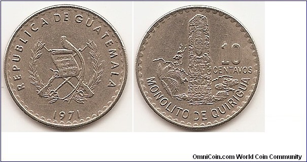 10 Centavos
KM#271.1
Copper-Nickel, 21 mm. Obv: National arms, small wreath Rev: Monolith
