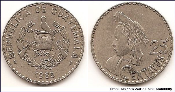 25 Centavos
KM#268
8.0500 g., Copper-Nickel, 27 mm. Obv: National arms Rev: Head left Edge Lettering: REPUBLICA DE GUATEMALA C. A.