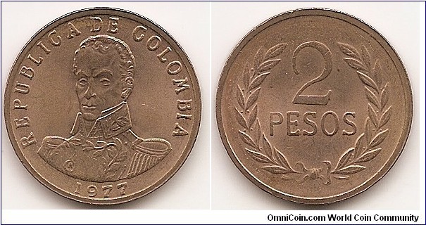 2 Pesos
KM#263
7.8000 g., Bronze, 23.8 mm. Obv: Bust of Simon Bolivar 3/4 facing, date below Rev: Denomination within wreath