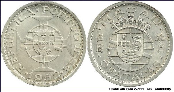 Macau 5 Patacas 1952 - Ag