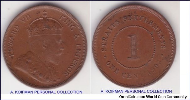 KM-19, 1908 Straits Settlements cent, bronze, reeded edge; nice about uncirculated, weak date numerals.