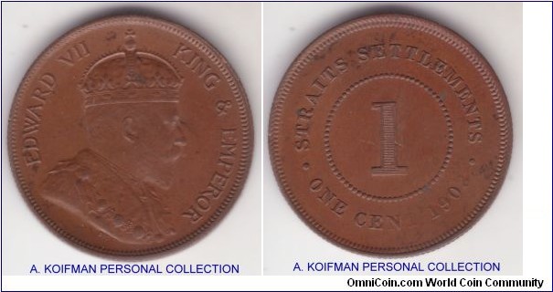 KM-19, 1908 Straits Settlements cent, bronze, reeded edge; nice about uncirculated, weak date numerals.