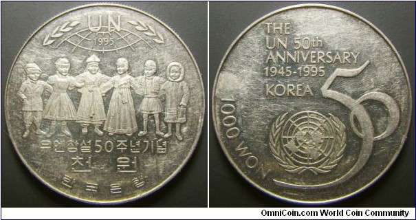South Korea 1000 won commemorating 50th anniversary of UN. Rather hard coin to find. Some handling but it's a NCLT coin. Weight: 12.18g. 