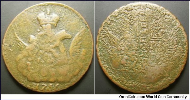 Russia 1756 1 kopek MMD. Overstruck over 18.04g. Weight: 18.04g.