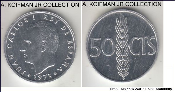 KM-805, 1975(76) Spain 50 centavos; aluminum, reeded edge; restoration of monarchy, Juan Carlos I, 1-year type, bright uncirculated specimen.