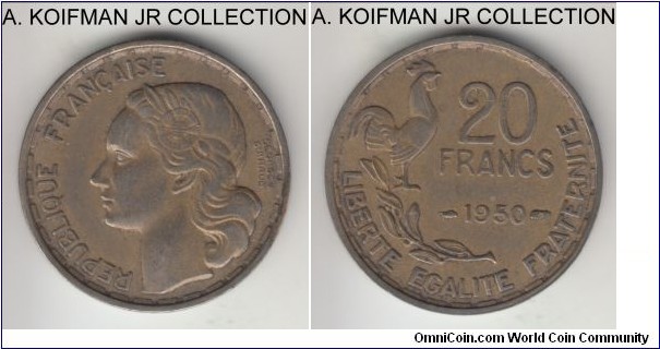 KM-916.1, 1950 France 20 francs, Paris mint (no mint mark); aluminum-bronze, plain edge; three plums, full length signature, about extra fine.
