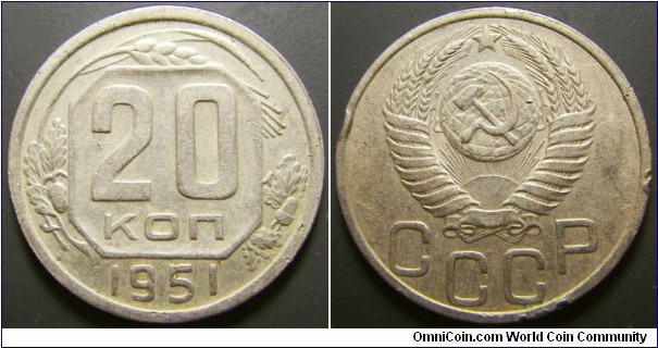 Russia 1951 20 kopek. Couple of dent on the edge. Weight: 3.59g. 