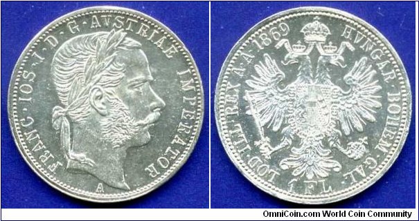1 Florin (Gulden).
Austro-Hungary Empire.
Franc Ioseph I (1848-1916).
Profil type III.
*A* - Vien mint.
Mintage 900,000 units.


Ag900f. 12,34gr.