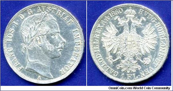 1 Florin (Gulden).
Austrian Empire.
Franc Ioseph I (1848-1916).
Profil type II.
*A* - Vien mint.
Mintage 21,620,000 units.


Ag900f. 12,34gr.