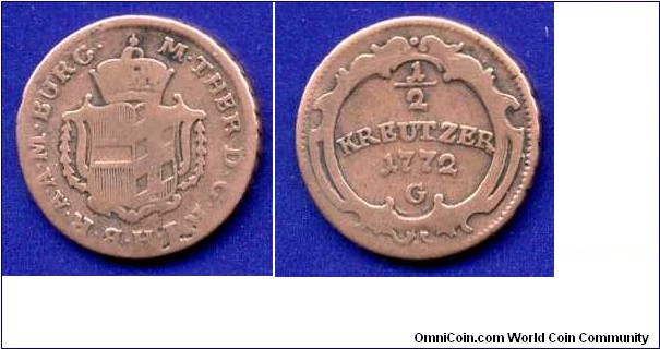 1/2 kreuzer.
Burgau.
Maria Theresia (1745-1780), Empress of Holy Roman Empire.
*G* - Günzburg mint.


Cu.