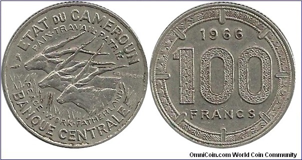 EquatorialAfrican States 100 Francs 1966(Etat du Cameroun)-thick