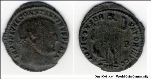 306-337 AD
Constantine I 
Follis
Antioch mint. 
Obv: IMP.CONSTANTINVS AVG, His laureate bust left wearing 
imperial mantle, holding sceptre, globe and mappa 
Rev: IOVI CONSERVATORI AVGG, Jupiter standing left holding 
sceptre and victory on globe presenting him with wreath. Captive 
kneeling at his feet. B in right field. SMANT in exergue 