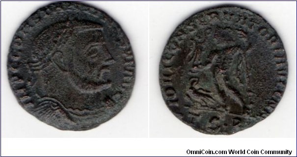 312-313 AD.
Constantine I 
Follis
Thessalonica. 
Obv: IMP C CONSTANTINVS PF AVG, laureate, draped and cuirassed bust right.
Rev: IOVI CONSERVATORI AVGG NN, Jupiter standing facing, head left, chlamys hanging from left shoulder, holding Victory on globe and leaning on sceptre, eagle with wreath left, mintmark dot TS dot B dot in ex.