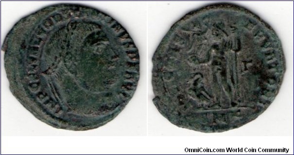 313-315 AD
Constantine I
Follis
Cyzicus  
Obv: IMP C FL VAL CONSTANTINVS P F AVG - Laureate head right. 
Rev: IOVI CONSERVATORI - Jupiter standing left, holding Victory on a globe and scepter; at feet, ? in left field, an eagle with a wreath in it's beak. Exe: SMK  Cyzicus mint 