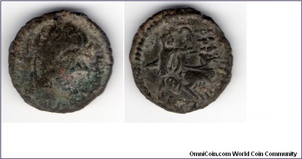 337-40 AD 
Constantine 
AE4 
Memorial issue 
Heraclea  
Obv: DV CONSTANTINVS PT AVGG, veiled head right
Rev: Emperor veiled in quadriga right horses rearing up hand of God reaching down to him Mintmark SMH 
no officina letter 