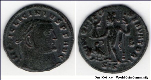 308-324 A.D.
Licinius I 
AE Follis. 
Obv: IMP LIC LICINIVS PF AVG, laureate, draped, cuirassed 
Rev: IOVI CONSERVATORI AVGG NN, Jupiter standing facing with 
head left, chlamys hanging from left shoulder, holding 
Victory on globe and leaning on sceptre, eagle with wreath 
left. 
B in right field.
Mintmark: SIS.