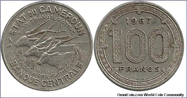 EquatorialAfrican States 100 Francs 1967(Etat du Cameroun)-thick